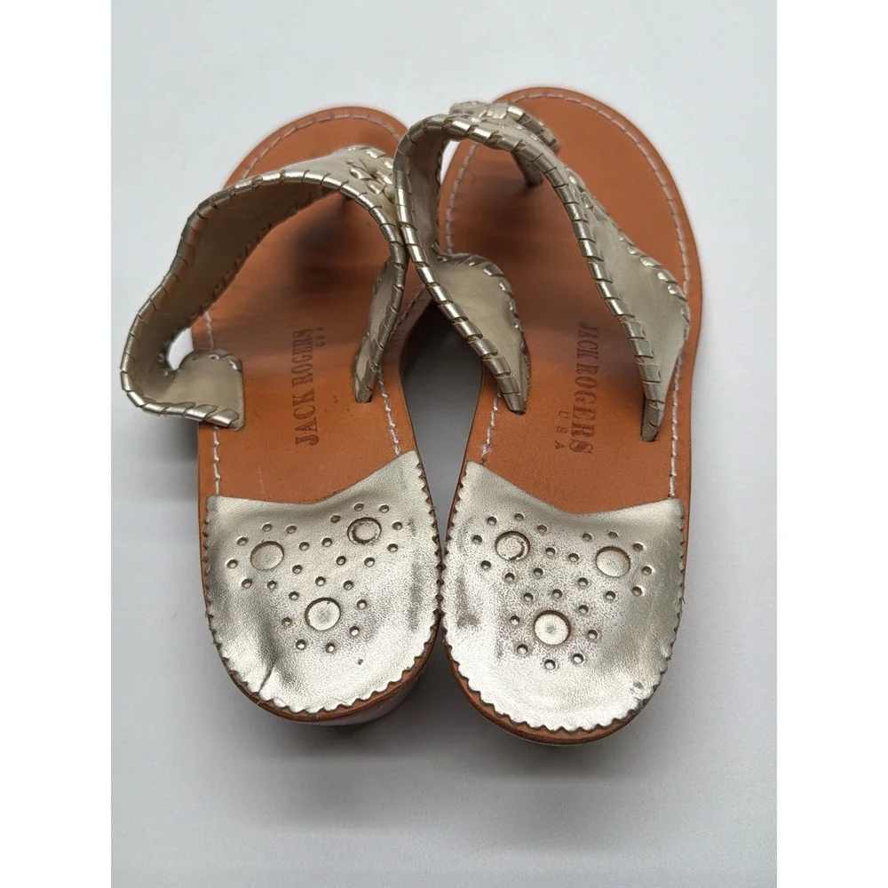 Jack Rogers Hamptons Mid Wedge Gold Leather Thong Sandals Womens 8.5 Metallic